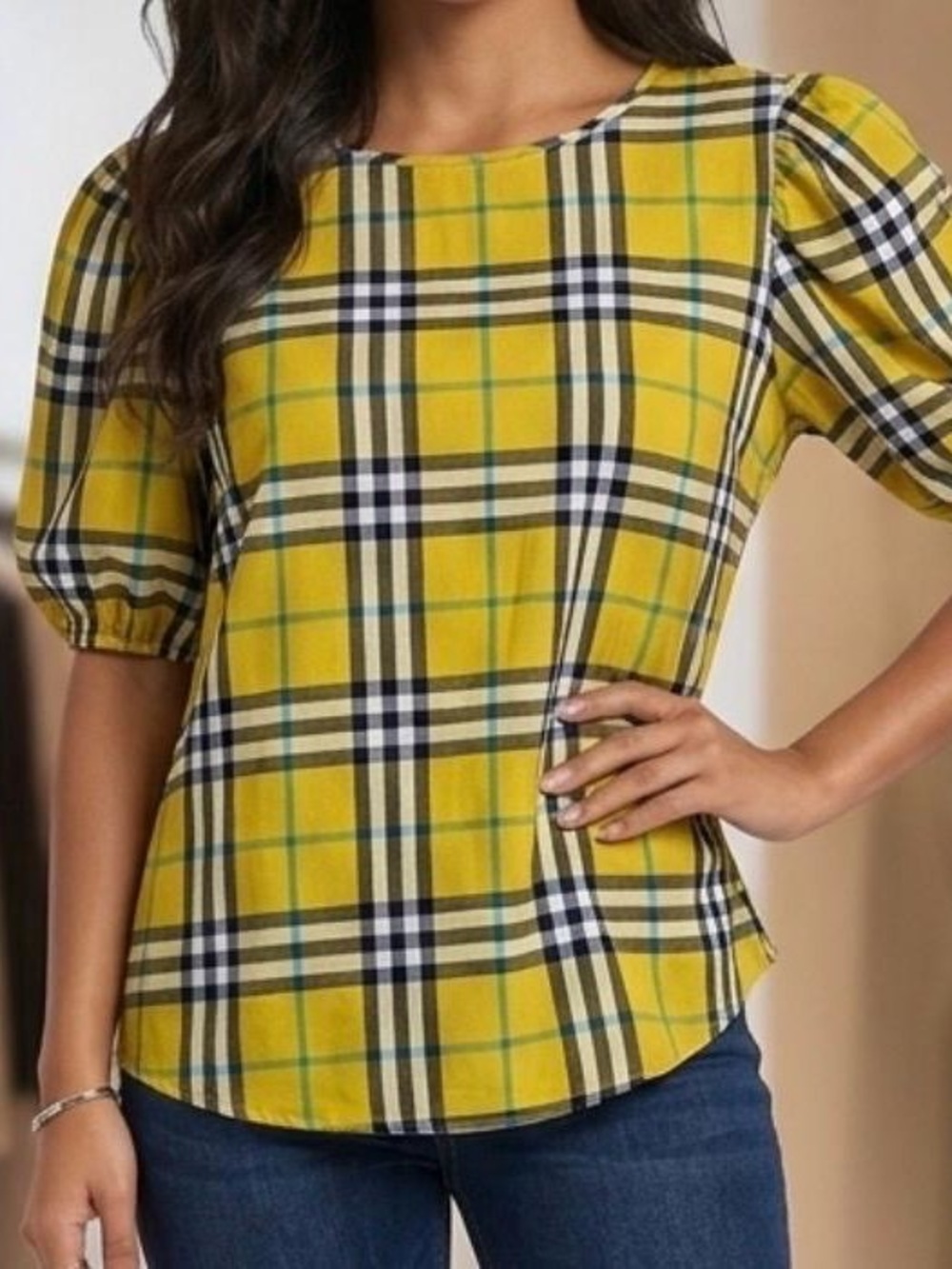 BONGO Yellow Plaid Puff-Sleeve Blouse